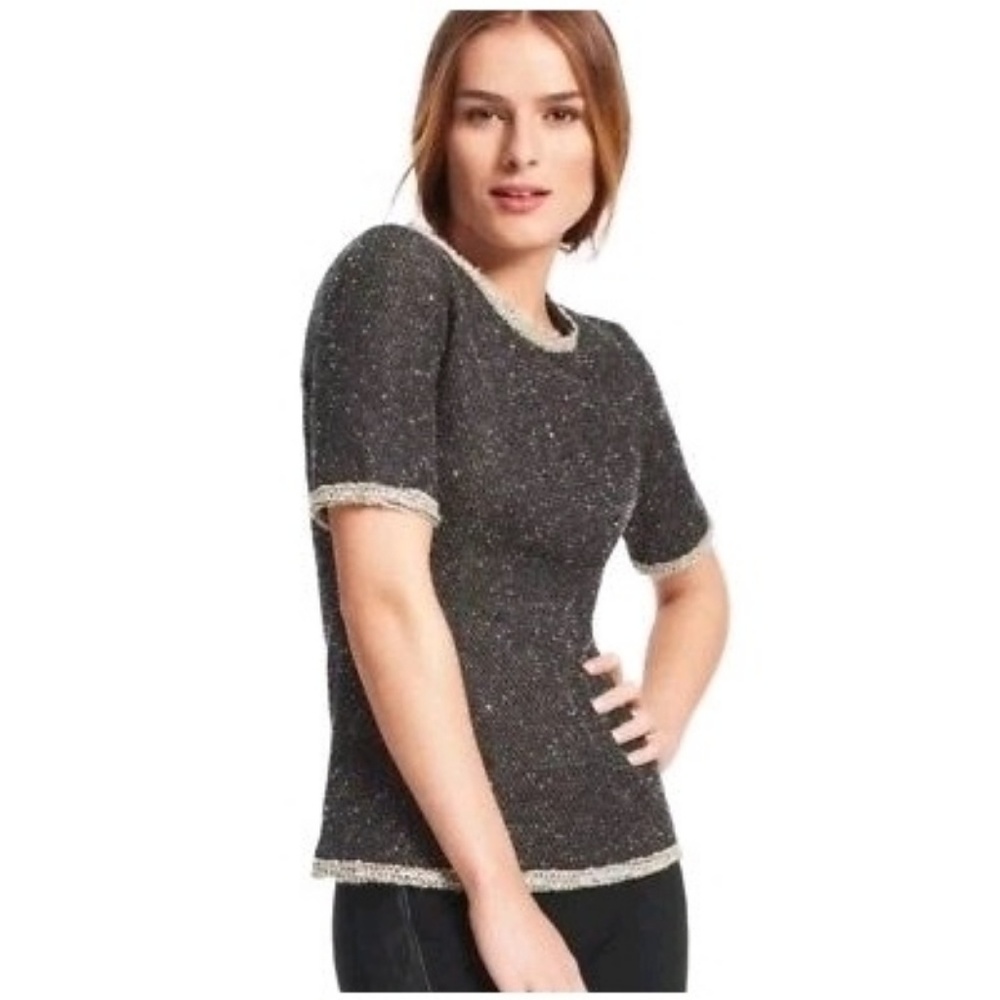 CAbi Women's Coco Shell Tweed Short Sleeve Size L